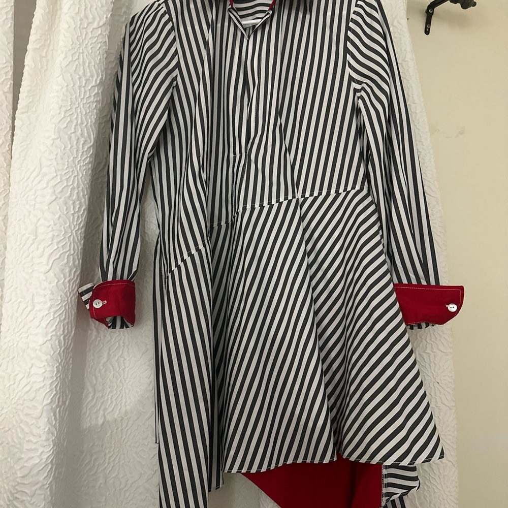 Asymmetrical Black and White Shirt Dress with Long Cuffed Sleeves
